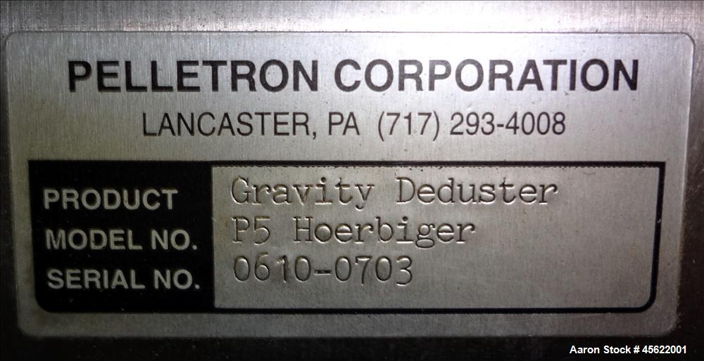 Used Pelletron Gravity Deduster, Model P5 Hoerbiger, Carbon Steel. Capacity range approximately 100-600 pounds per hour. Top mounted blower with 1-1/2 hp, 3450 rpm, 115/230 volt motor. Includes top m...