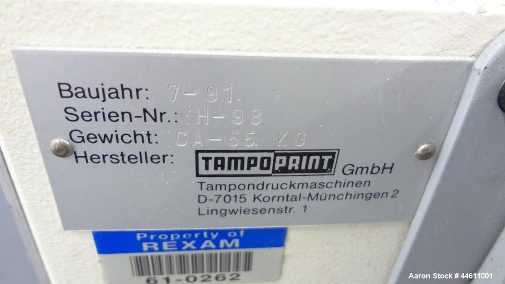 Used Tampo Print Pad Printer, Model Hermetic 61. Single cycle, approximately 1300-1400 per hour. Ink doctoring cup 60 mm, cliché size 70 mm x 140 mm, maximum print image size 55 mm. Includes foot ped...
