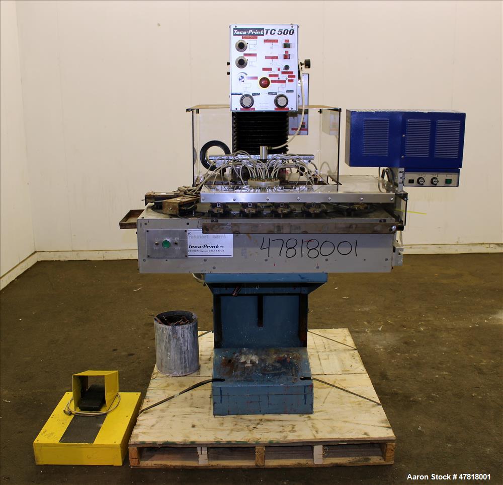 Used Teca-Print Pad Printing Machine, Model TC 500. Maximum print 130mm diameter, print capacity approximate 1300 prints per hour single color, 900 prints per hour multi-color. Maximum pad vertical s...