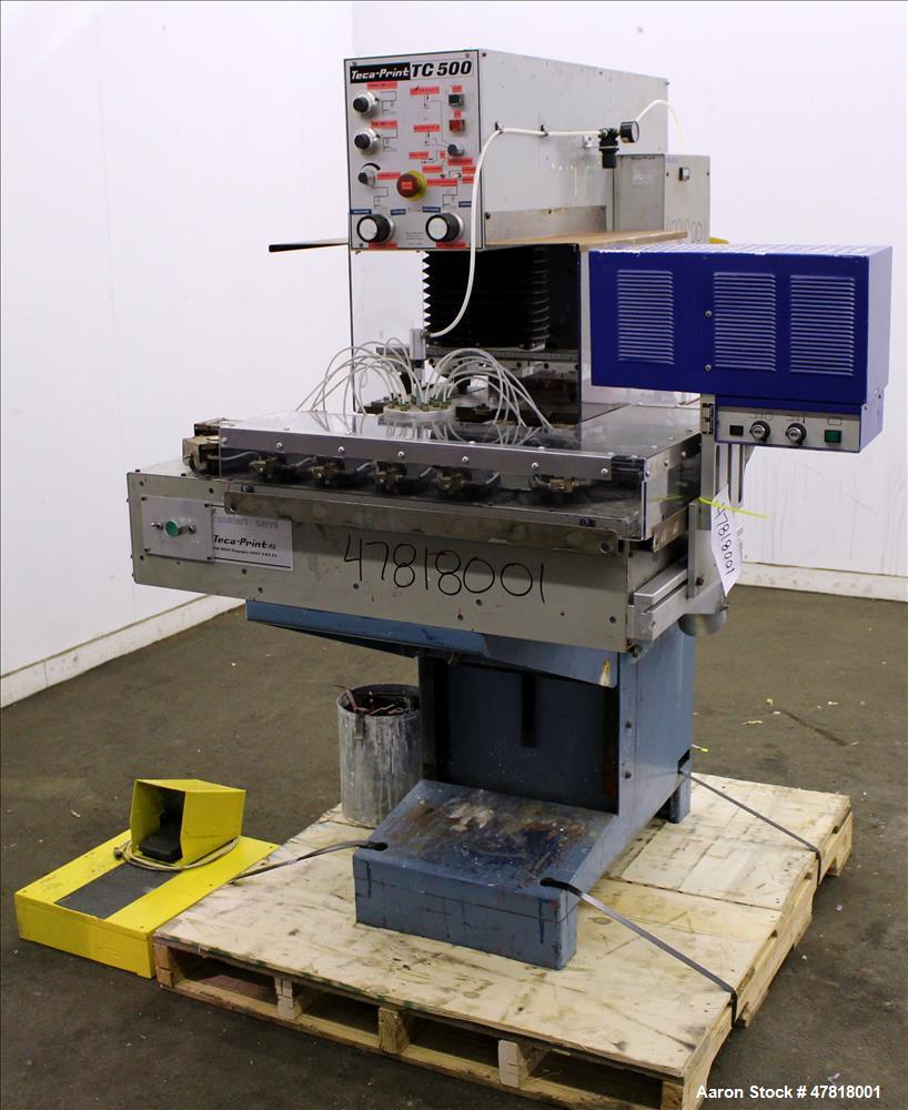 Used Teca-Print Pad Printing Machine, Model TC 500. Maximum print 130mm diameter, print capacity approximate 1300 prints per hour single color, 900 prints per hour multi-color. Maximum pad vertical s...
