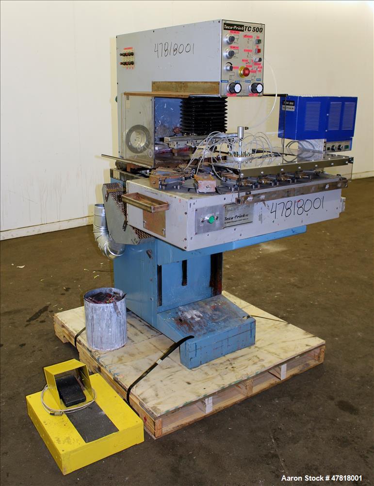 Used Teca-Print Pad Printing Machine, Model TC 500. Maximum print 130mm diameter, print capacity approximate 1300 prints per hour single color, 900 prints per hour multi-color. Maximum pad vertical s...
