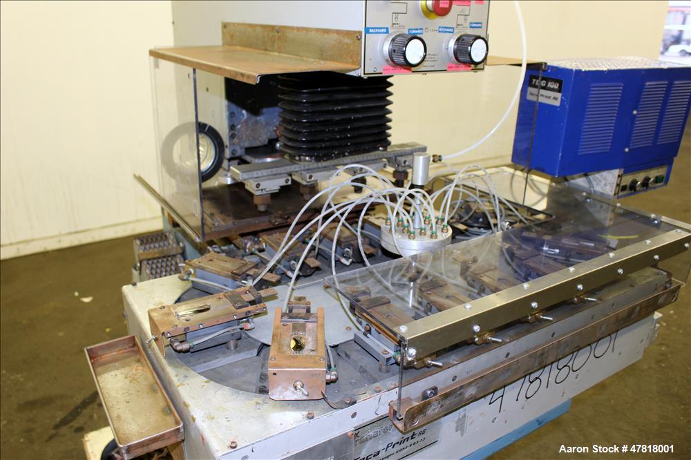 Used Teca-Print Pad Printing Machine, Model TC 500. Maximum print 130mm diameter, print capacity approximate 1300 prints per hour single color, 900 prints per hour multi-color. Maximum pad vertical s...