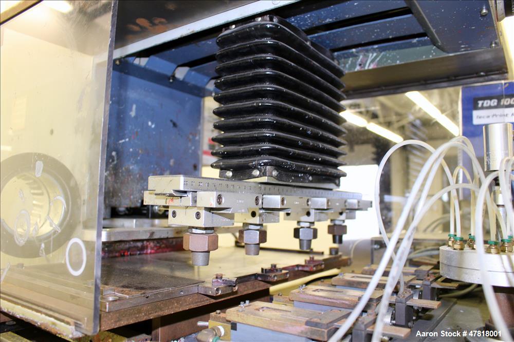 Used Teca-Print Pad Printing Machine, Model TC 500. Maximum print 130mm diameter, print capacity approximate 1300 prints per hour single color, 900 prints per hour multi-color. Maximum pad vertical s...