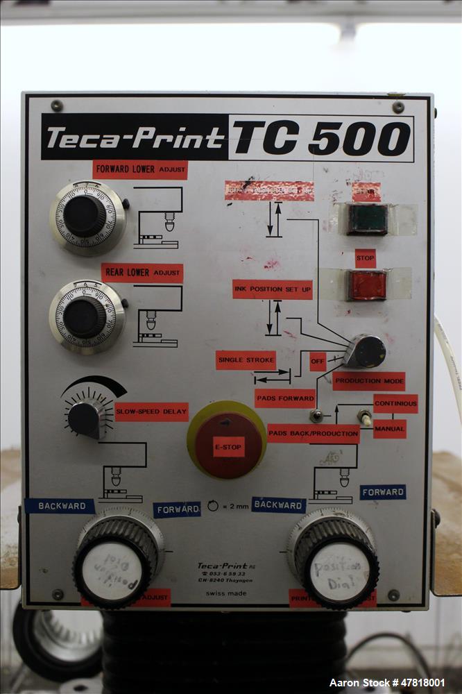Used Teca-Print Pad Printing Machine, Model TC 500. Maximum print 130mm diameter, print capacity approximate 1300 prints per hour single color, 900 prints per hour multi-color. Maximum pad vertical s...