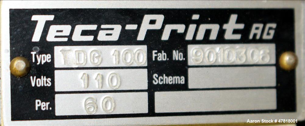 Used Teca-Print Pad Printing Machine, Model TC 500. Maximum print 130mm diameter, print capacity approximate 1300 prints per hour single color, 900 prints per hour multi-color. Maximum pad vertical s...