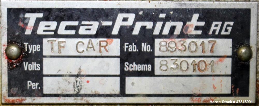 Used Teca-Print Pad Printing Machine, Model TC 500. Maximum print 130mm diameter, print capacity approximate 1300 prints per hour single color, 900 prints per hour multi-color. Maximum pad vertical s...