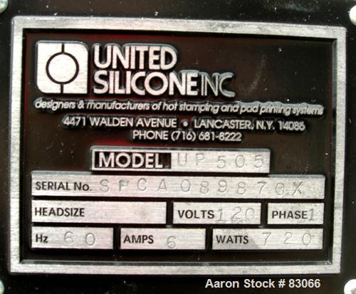 USED: United Silicone UNI Printer Pad Printer, model UP505. (4) Head, foot pedal control. 1/60/120 volt, 6 amp, 720 watt. Max print diameter 4-1/2", max cycle rate 1200/hour, ink reservoir diameter 5...