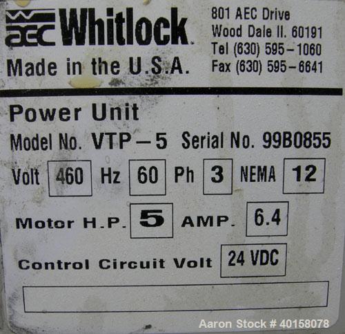 Used AEC Whitlock Vacuum Loader, Model VTP5. (1) Vertical blower, approximate 2 1/2" NPT inlet/outlet. Driven by a 5 hp, 3/60/208-230/460 volt, 1750 rpm motor. Includes silencer. Base mounted.