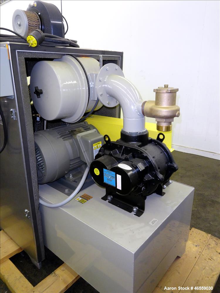 Used Conair Central Vacuum Pump, Model PD. 201.1 CFM. (1) Roots rotary lobe blower, model 56 J RB CONAIR BLK, serial# 0902984720. Driven by a 15hp, 3/60/230/460 volt, 1750 rpm motor. Includes sound e...