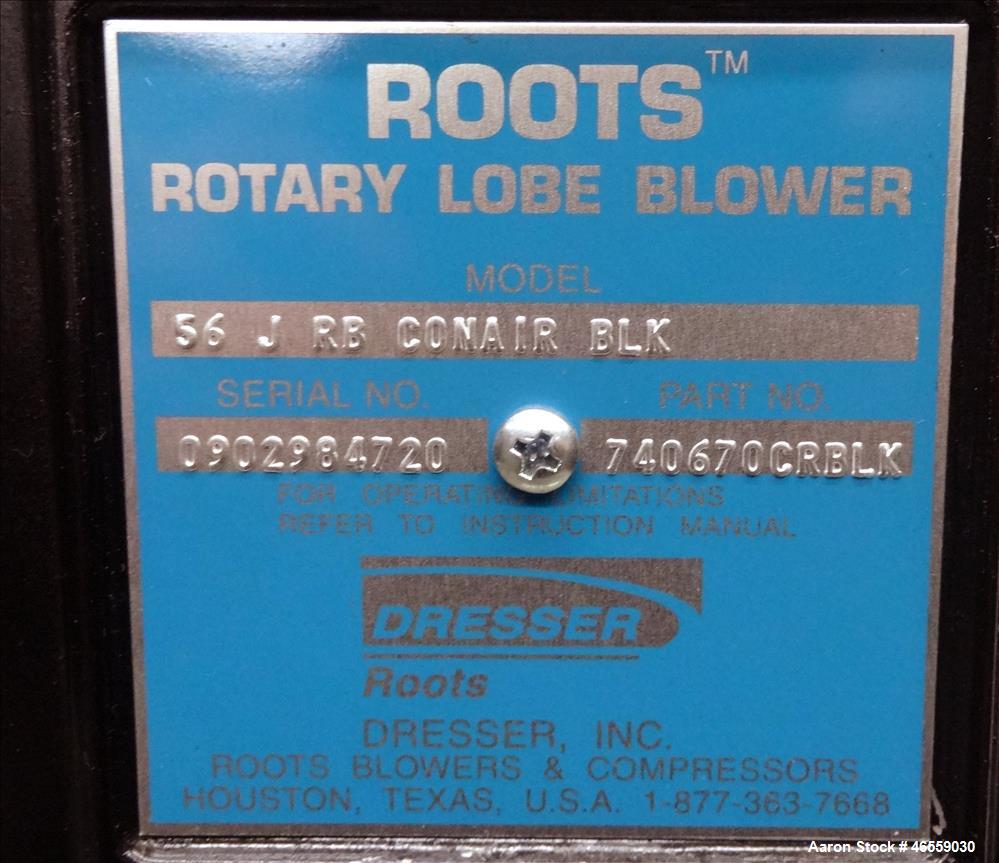 Used Conair Central Vacuum Pump, Model PD. 201.1 CFM. (1) Roots rotary lobe blower, model 56 J RB CONAIR BLK, serial# 0902984720. Driven by a 15hp, 3/60/230/460 volt, 1750 rpm motor. Includes sound e...