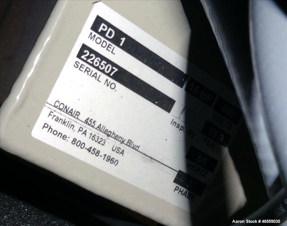 Used Conair Central Vacuum Pump, Model PD. 201.1 CFM. (1) Roots rotary lobe blower, model 56 J RB CONAIR BLK, serial# 0902984720. Driven by a 15hp, 3/60/230/460 volt, 1750 rpm motor. Includes sound e...
