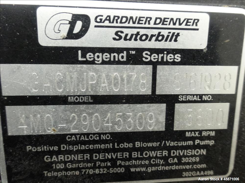 Used Conair Vacuum Loading System Consisting Of: (1) Gardner Denver 4MQ Positive Displacement Blower, Model GACMJPA018, Serial# S161928. Approximate 359 CFM at 3600 rpm at 7 PSIG.  Driven by a 10hp, ...