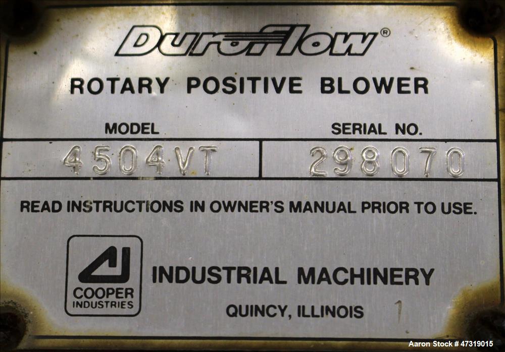 Used Duroflow/Gardner Dever Vacuum Loading System. Consisting of (1) Duroflow positive displacement blower, model 4504VT, 403 CFM, serial# 298070. Driven by a 10hp, 3/60/550 Volt, 3495 rpm motor. (1)...