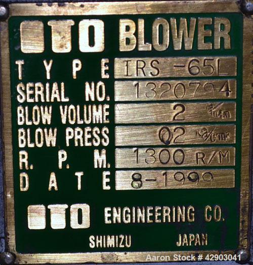Used ITO Engineering Rotary Positive Displacement Blower, Model IRS-65L, Carbon Steel. Approximate capacity 2 cubic meters per minute (70 CFM) at 1300 rpm. 2” Inlet/outlet. Driven by a 3hp, 3/60/230/...