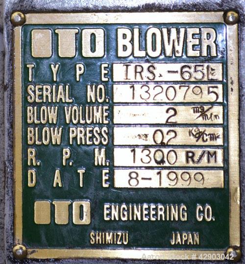 Used ITO Engineering Rotary Positive Displacement Blower, Model IRS-65L, Carbon Steel. Approximate capacity 2 cubic meters per minute (70 CFM) at 1300 rpm. 2” Inlet/outlet. Driven by a 3hp, 3/60/230/...