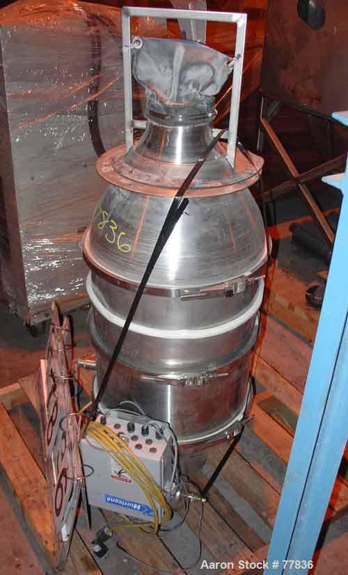 Used K-Tron Hurricane Self-Contained Filterless Loader, 18" diameter x 21" straight side, 5-1/2" center bottom outlet, capable of 1000 lbs per hour (450 kg/hr).