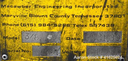 Used Macawber Denseveyor, Model 3/8, carbon steel. 6" straight side x 17" long cone. 8" top with loading valve, bottom discharge. Tank charging pressure 40 psi.Rated 110 psi at 650 degrees F and -20 ...