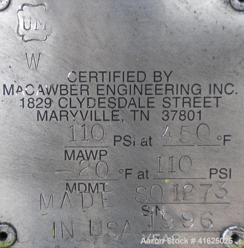 Used Macawber Denseveyor, Model 3/8, carbon steel. 6" straight side x 17" long cone. 8" top with loading valve, bottom discharge. Tank charging pressure 40 psi.Rated 110 psi at 450 degrees F and -20 ...