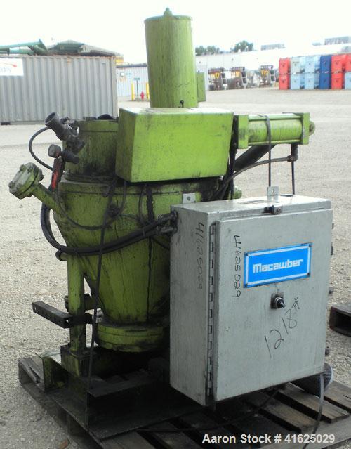 Used Macawber Denseveyor, Model 3/8, carbon steel. 6" straight side x 17" long cone. 8" top with loading valve, bottom discharge. Tank charging pressure 40 psi. Rated 110 psi at 450 degrees F and -20...