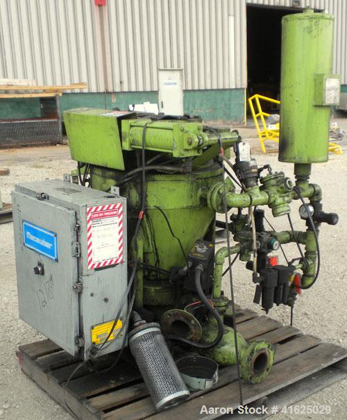 Used Macawber Denseveyor, Model 3/8, carbon steel. 6" straight side x 17" long cone. 8" top with loading valve, bottom discharge. Tank charging pressure 40 psi. Rated 110 psi at 450 degrees F and -20...