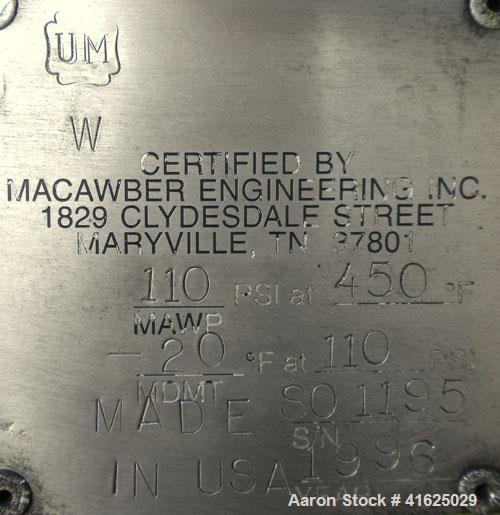 Used Macawber Denseveyor, Model 3/8, carbon steel. 6" straight side x 17" long cone. 8" top with loading valve, bottom discharge. Tank charging pressure 40 psi. Rated 110 psi at 450 degrees F and -20...