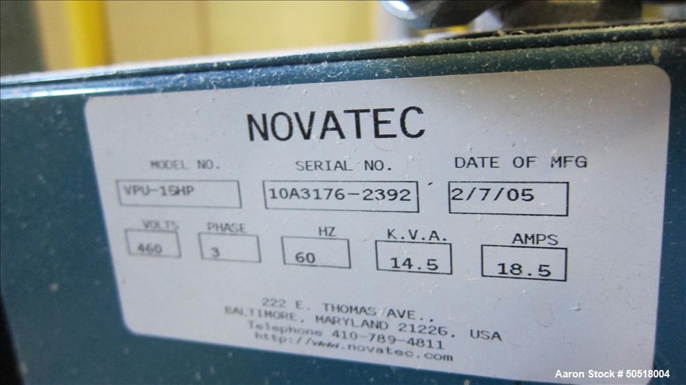 Used Novatec Vacuum Loader, Model VPU-15HP. Serial # 10A3176-2392. 460V, 3 Phase, 60 HZ. 18.5 Amps, Toshiba 15 hp motor.