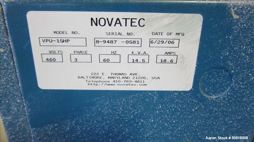 Lot 205 - Used-Novatec Vacuum Loader Model VPU-15HP, SN 8-9487-0581, 460V, 3 Phase, 60 HZ. 18.5 Amps, Toshiba 15 HP Motor