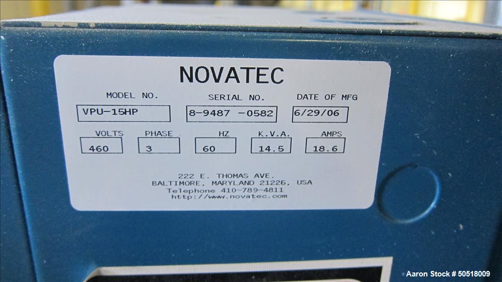 LOT# 206 - Used-Novatec Vacuum Loader Model VPU-15HP, SN 8-9487-0582, 460V, 3 Phase, 60 HZ. 18.5 Amps, Toshiba 15 HP Motor