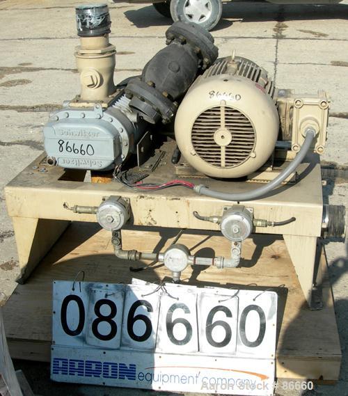 Used Schwitzer Duroflow Horizontal Rotary Positive Displacement Blower, Model 4509VT. Approximate capacity 300 CFM at 10 PSI. 4" inlet/outlet. Driven by a 25 HP, 3/60/230/460 Volt, 1760 RPM XP motor....