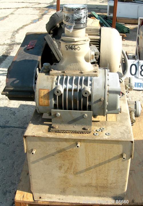 Used Schwitzer Duroflow Horizontal Rotary Positive Displacement Blower, Model 4509VT. Approximate capacity 300 CFM at 10 PSI. 4" inlet/outlet. Driven by a 25 HP, 3/60/230/460 Volt, 1760 RPM XP motor....