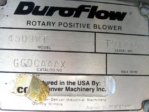 Used Schwitzer Duroflow Horizontal Rotary Positive Displacement Blower, Model 4509VT. Approximate capacity 300 CFM at 10 PSI. 4" inlet/outlet. Driven by a 25 HP, 3/60/230/460 Volt, 1760 RPM XP motor....