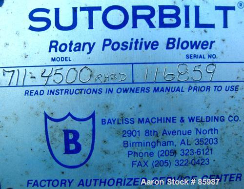 Used Sutorbilt Rotary Positive Displacement Blower, Model 711-4500-RHBD. Pressure rated to 15 PSI. Vacuum rated to 16" HG or greater. 10" inlet/outlet. No motor.