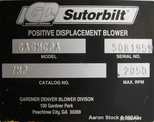 USED: Sutorbilt medium pressure horizontal rotary positive displacement blower, model 7MP. Approx capacity 1125 cfm at 42.8 bhp at 7 psi. .733 displacement cubic feet revolution, 6" inlet/outlet. Dri...