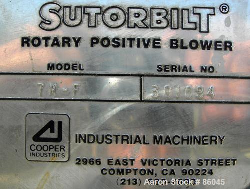 USED: Sutorbilt medium pressure horizontal rotary positive displacement blower, model 7MP. Approx capacity 1125 cfm at 42.8 bhp at 7 psi. .733 displacement cubic feet revolution, 6" inlet/outlet. Dri...