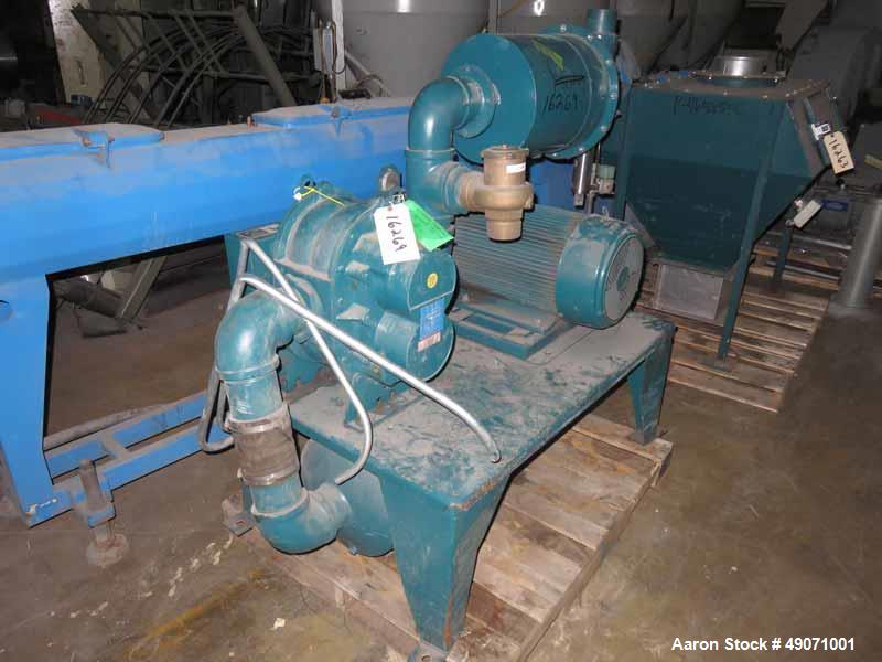 Used Walton Stout vacuum loading system consisting of: (1) Roots blower, model 68U-RAI, serial# SR00048681. Driven by a 30hp motor, with (1) silencer, filter, and an Approximate 18" diameter x 68" ta...