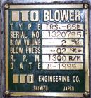Used ITO Engineering Rotary Positive Displacement Blower, Model IRS-65L, Carbon Steel. Approximate capacity 2 cubic meters per minute (70 CFM) at 1300 rpm. 2” Inlet/outlet. Driven by a 3hp, 3/60/230/...