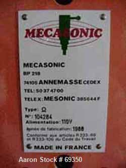 Used KLN Omega 1 Mecasonic Plastic Welder, Model BP218. 110 Volt, designed for welding molded plastics parts. Includes delay, weld and hold timers.