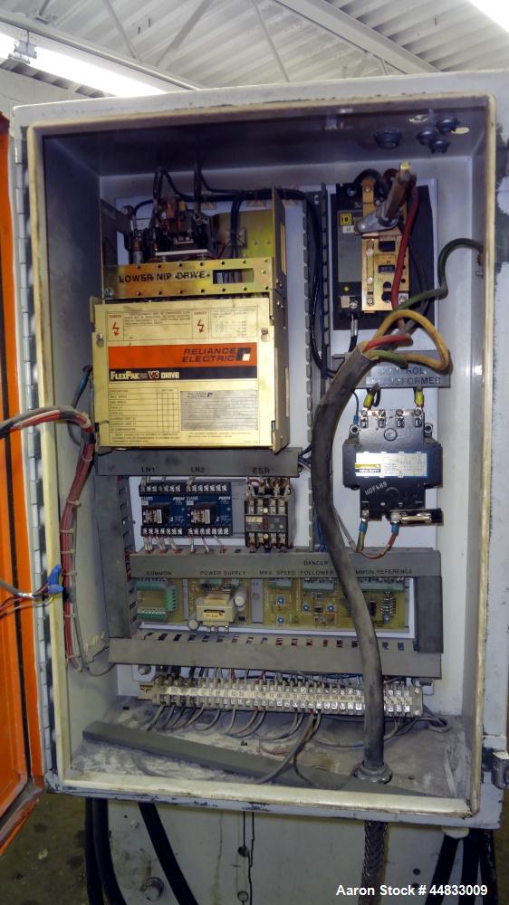 Used Sano 64" Wide Secondary Nip Roll Assembly, Model L.N.-64-270-3HP-STD, Serial# 12-1583-67, Built 1989. Driven by a 3hp, 180 volt, 1760 rpm DC gear motor. Includes a control panel with a Reliance ...