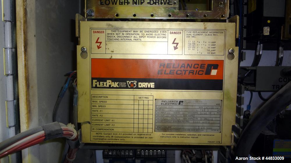 Used Sano 64" Wide Secondary Nip Roll Assembly, Model L.N.-64-270-3HP-STD, Serial# 12-1583-67, Built 1989. Driven by a 3hp, 180 volt, 1760 rpm DC gear motor. Includes a control panel with a Reliance ...