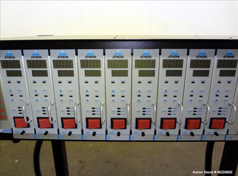 Used Athena Temperature Controller, Model MFL-C-D -12-00-000. 3/50/60 Hertz, supply 208-240 vac, load 50 amp / 21 kva. Includes (9) RMC controllers, and a stand with casters. Serial #0631000716.