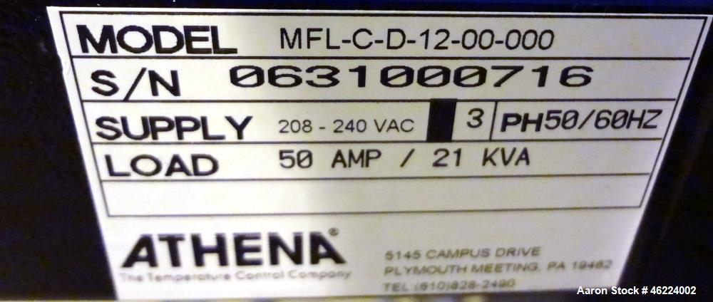 Used Athena Temperature Controller, Model MFL-C-D -12-00-000. 3/50/60 Hertz, supply 208-240 vac, load 50 amp / 21 kva. Includes (9) RMC controllers, and a stand with casters. Serial #0631000716.