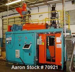 USED: APV model LS3 single head, 3 lb shot capacity, blow molding machine. Parison diameter is 1". Platen width is 20". 8" minimum daylight, 36" max daylight, Maco 8000 programming capability.