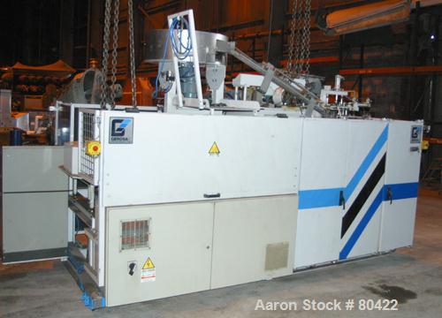 Used: Gerosa 3 re-heat and stretch blow molding machine. Capable of running .250 to 1.50 liter containers with throughputs up to 3000 bottles/hour, for 2 liter throughput up to 2400 bottles/hour, 3 c...