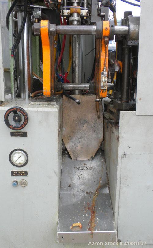 Used Hayssen Monablow Continuous Blow Molding Machine, Model 2125 S. Single station, dual head. Platen size 12" x 13", maximum daylight 14-1/4", minimum daylight 8.5", clamp stroke 5-1/16". Head cent...