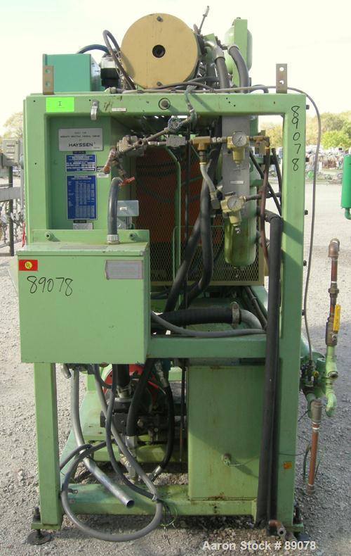 Used Hayssen Econoblow Blow Molding Machine, Model 5030-AS-375. Approximate 280 gram shot. 2" extruder, 24:1 L/D, 30 hp motor. 22-1/4" x 22-1/4" platens, effective platen size 16" x 21", 20 ton clamp...