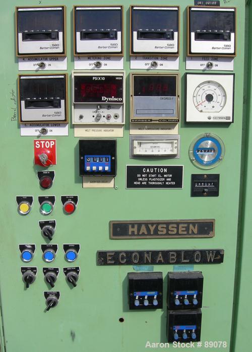 Used Hayssen Econoblow Blow Molding Machine, Model 5030-AS-375. Approximate 280 gram shot. 2" extruder, 24:1 L/D, 30 hp motor. 22-1/4" x 22-1/4" platens, effective platen size 16" x 21", 20 ton clamp...