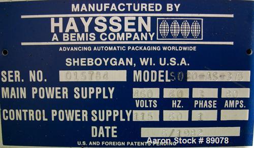 Used Hayssen Econoblow Blow Molding Machine, Model 5030-AS-375. Approximate 280 gram shot. 2" extruder, 24:1 L/D, 30 hp motor. 22-1/4" x 22-1/4" platens, effective platen size 16" x 21", 20 ton clamp...