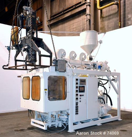 Used Hayssen Econoblow Blow Molding Machine, Model 75-S-2500. 5 lb FIFO accumulator head with programmable controls and MOOG parison programming. Also equipped with a part take away device and a bott...