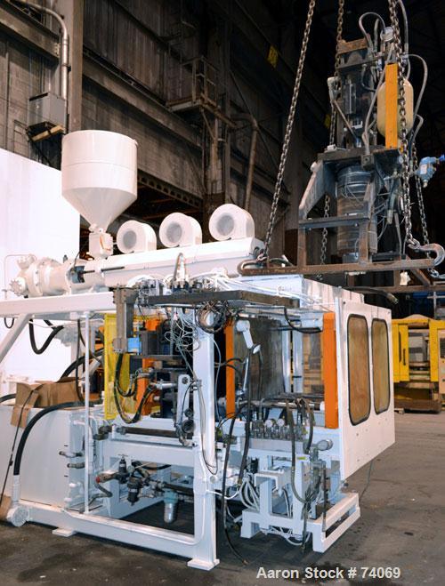 Used Hayssen Econoblow Blow Molding Machine, Model 75-S-2500. 5 lb FIFO accumulator head with programmable controls and MOOG parison programming. Also equipped with a part take away device and a bott...