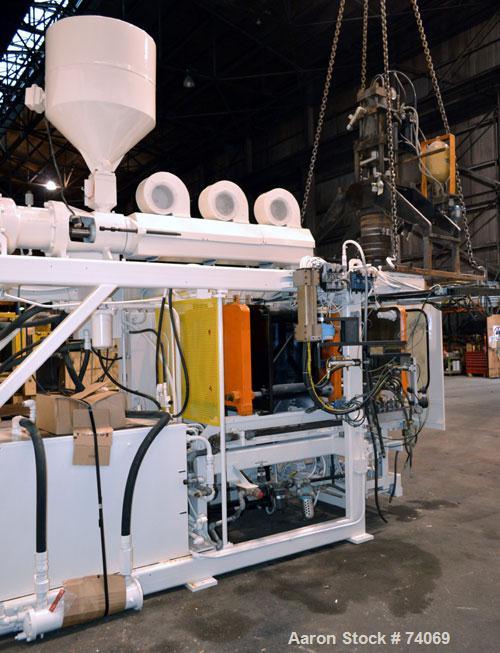 Used Hayssen Econoblow Blow Molding Machine, Model 75-S-2500. 5 lb FIFO accumulator head with programmable controls and MOOG parison programming. Also equipped with a part take away device and a bott...